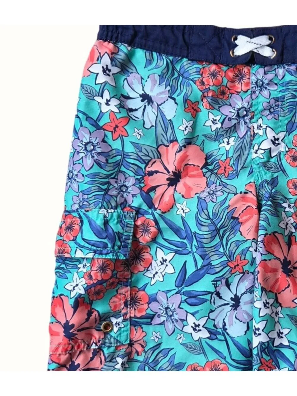 Boys Cat & Jack Floral Swim Trunks Size 5/6 With Drawstring Waist & Cargo Pocket